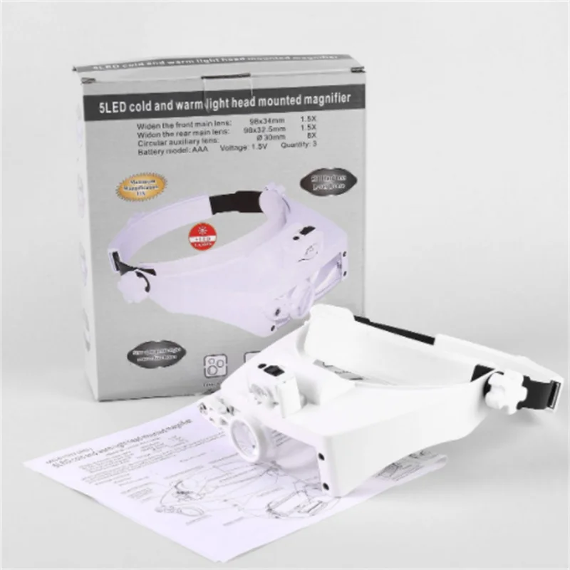 Lupa montada cabeça dos eyewear com 5led iluminado cabeça lupa, lupa vestindo lupas para reparos