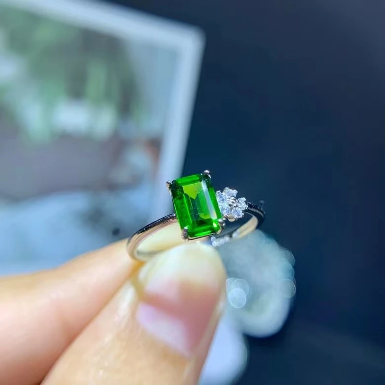 

925 Silver Diopside Ring 5X7mm Emerald Cut Natural Diopside Silver Ring Gift for Wife Fashion Silver Gem Ring