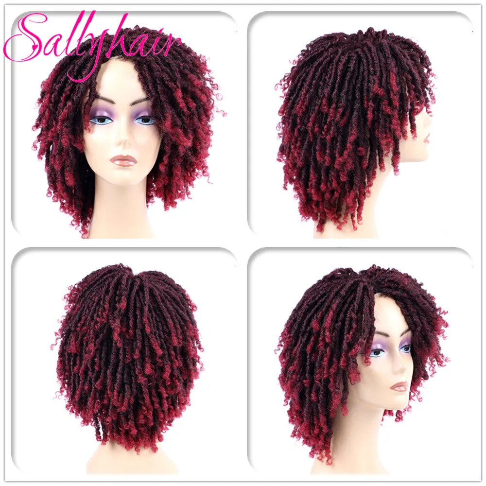 Sallyhair Short Synthetic Dreadlock Hair Wig for Black Woman 14 inch Ombre Burgundy Brown Color Curly Faux Locs Braids Wigs