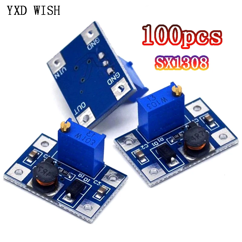 

100pcs SX1308 DC-DC 2-24V to 2-28V Step Up Adjustable Power Module DC DC Step Up Boost Converter 2A SX-1308 for DIY Kit