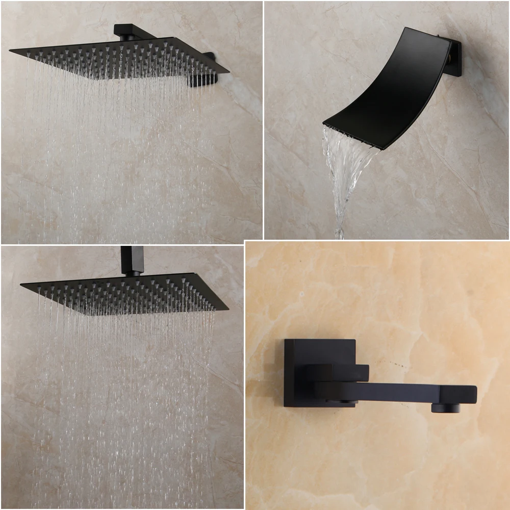 Imagem -05 - Zappo-conjunto de Torneira tipo Cascata Ducha Banheiro Preto Fosco Conjunto de Banheira Chuveiro Quadrado Giratório