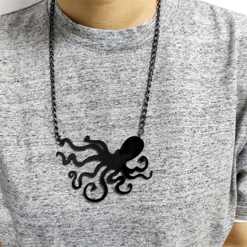 KUGUYS Octopus Tentacles Necklace Pendant for Women and Men Rock Jewelry Acrylic Hyperbole Animal Fashion Black Link Chain