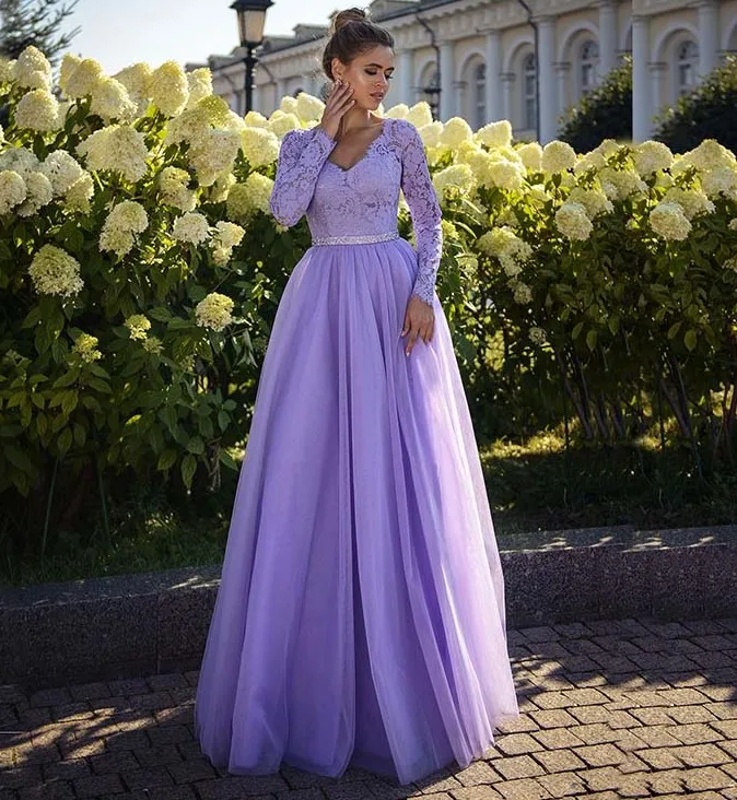 Customized Lilac Lace Long Sleeve Evening Party Dresses V Neck Beaded Belt Back Out Prom Formal Gown Customized Robe De Soirée