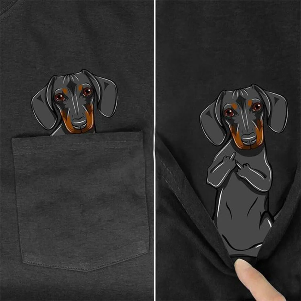 CLOOCL Black Cotton T-Shirt Pocket Cute Dachshund Middle Finger 3D Printed Tshirt Casual Shirts Funny Cottons Tee Harajuku Tops