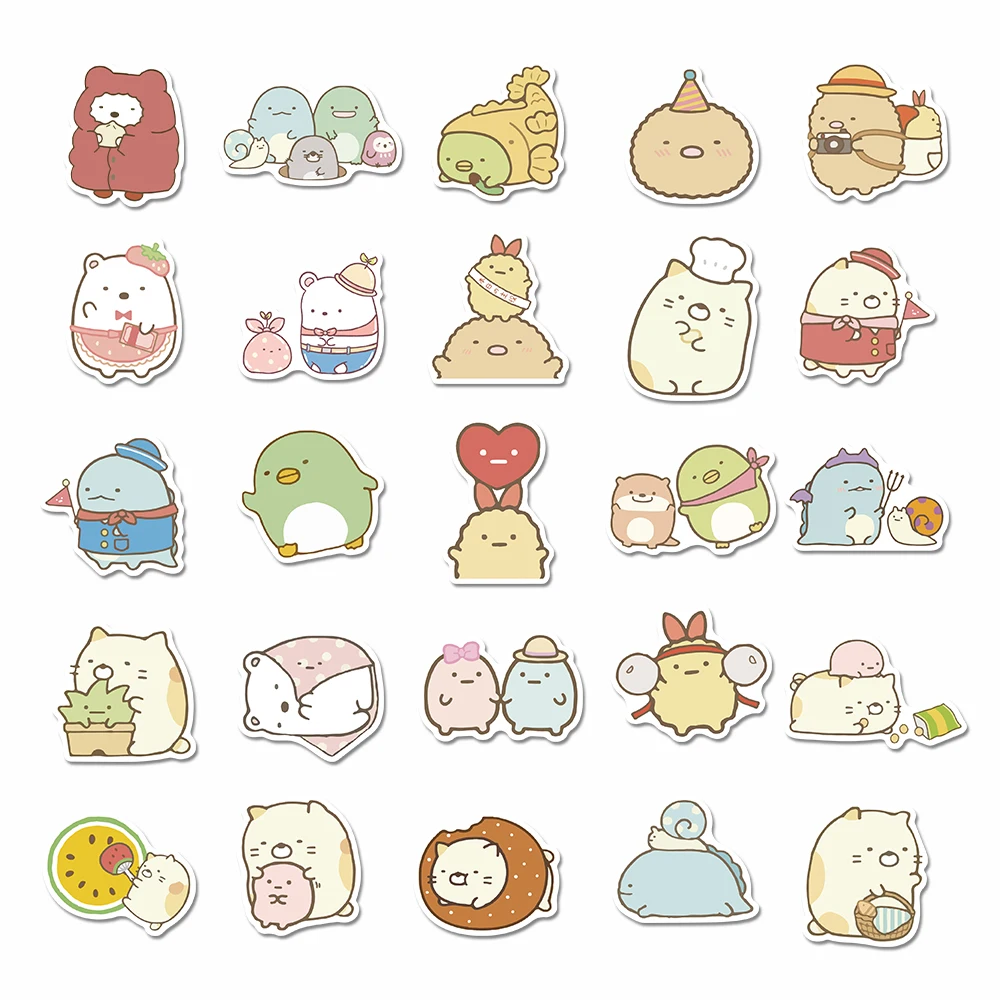 Sumikkogurashi สติกเกอร์การ์ตูนกระเป๋าแล็ปท็อป50ชิ้น/แพ็คสติกเกอร์วัสดุพีวีซีกันน้ำ DIY จักรยานกระเป๋าสเก็ตบอร์ด