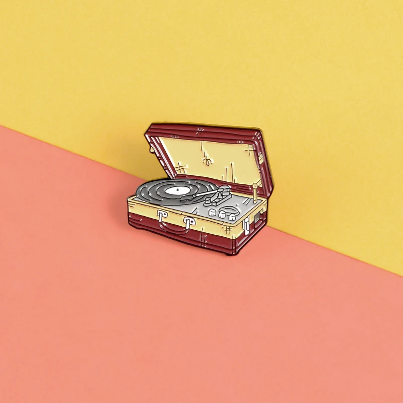 Retro vinyl record player enamel pin Red classic Suitcase brooch Music lovers clothes bag Lapel pin badge jewelry gift for women