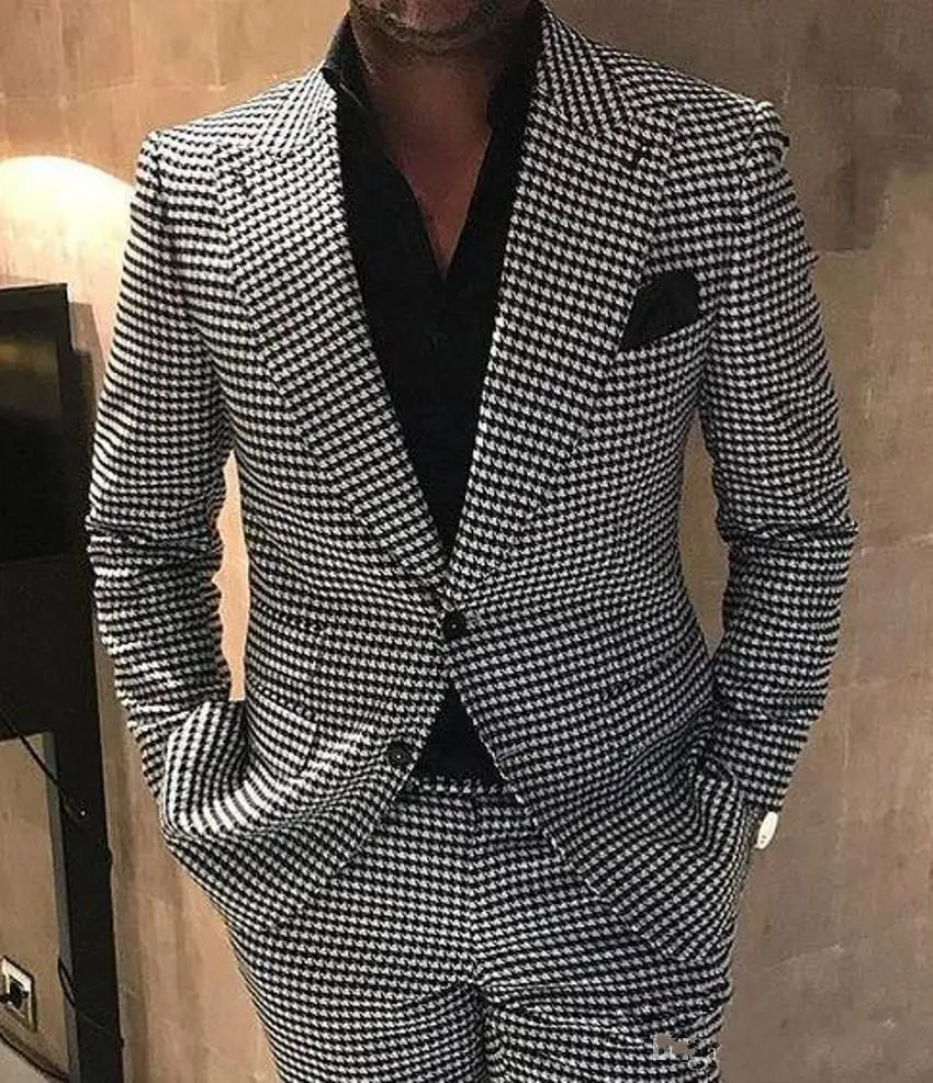 

Classic Houndstooth Groom Tuxedos Peak Lapel Men Wedding Tuxedo Men Jacket Blazer Men Prom Dinner Darty Suit(Jacket+Pants+Tie)