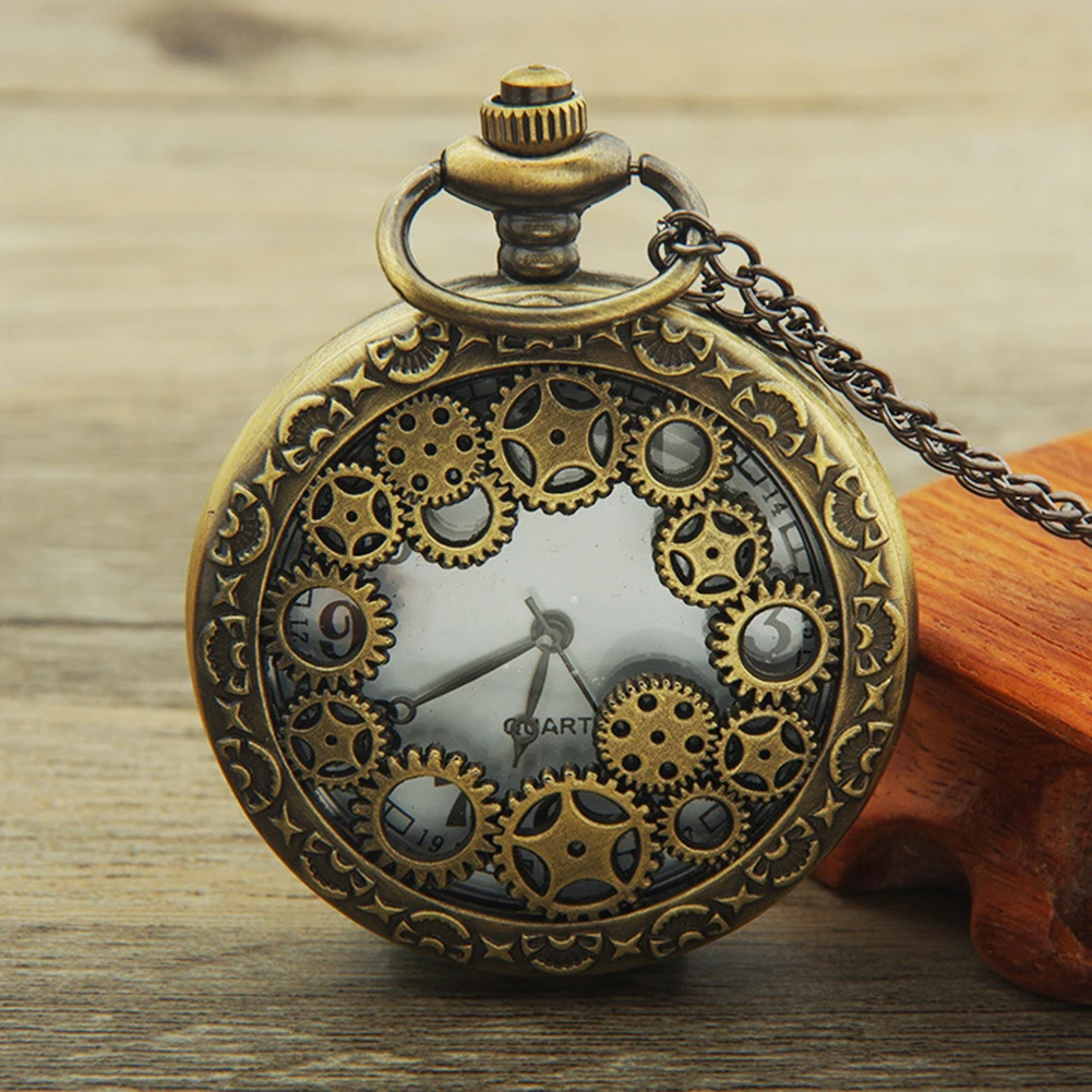 Retro kieszenie zegarek Hollow Gear antyczny wisiorek cyfry arabskie analogowe zegarki kwarcowe zegarek nowy Vintage Bronze Steampunk — zdjęcie 3