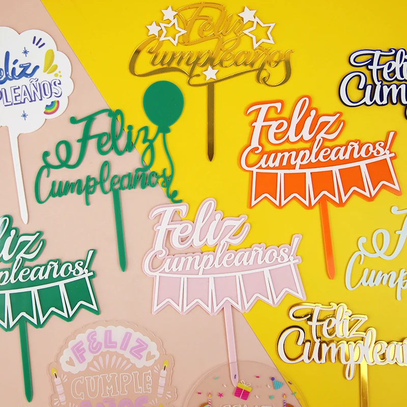 Feliz cumpleaños. Español Acrylic Candy color Happy Birthday Cake Topper in Spanish for Party Decoration Baking Supplies Gifts