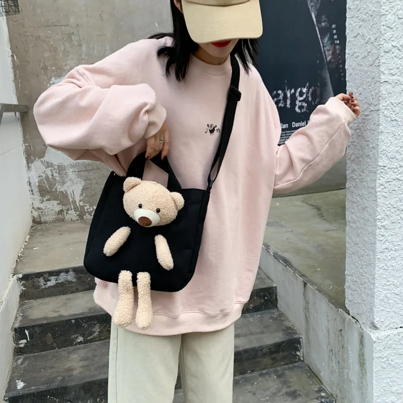 2020 new plush bear canvas bag handbag messenger bag children diagonal cute small school bag bear cartoon shoulder bag