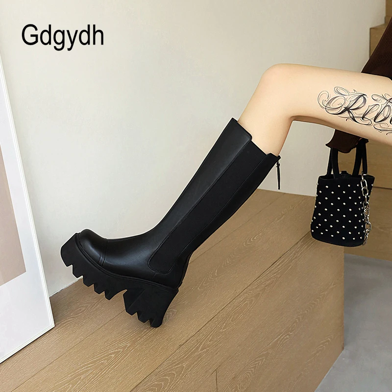 Gdgydh Goth Boots Women Knee High Boots Platform Plus Size Chunky Heel Black Fall Punk Fur Boots Office Lady Soft Leather Street