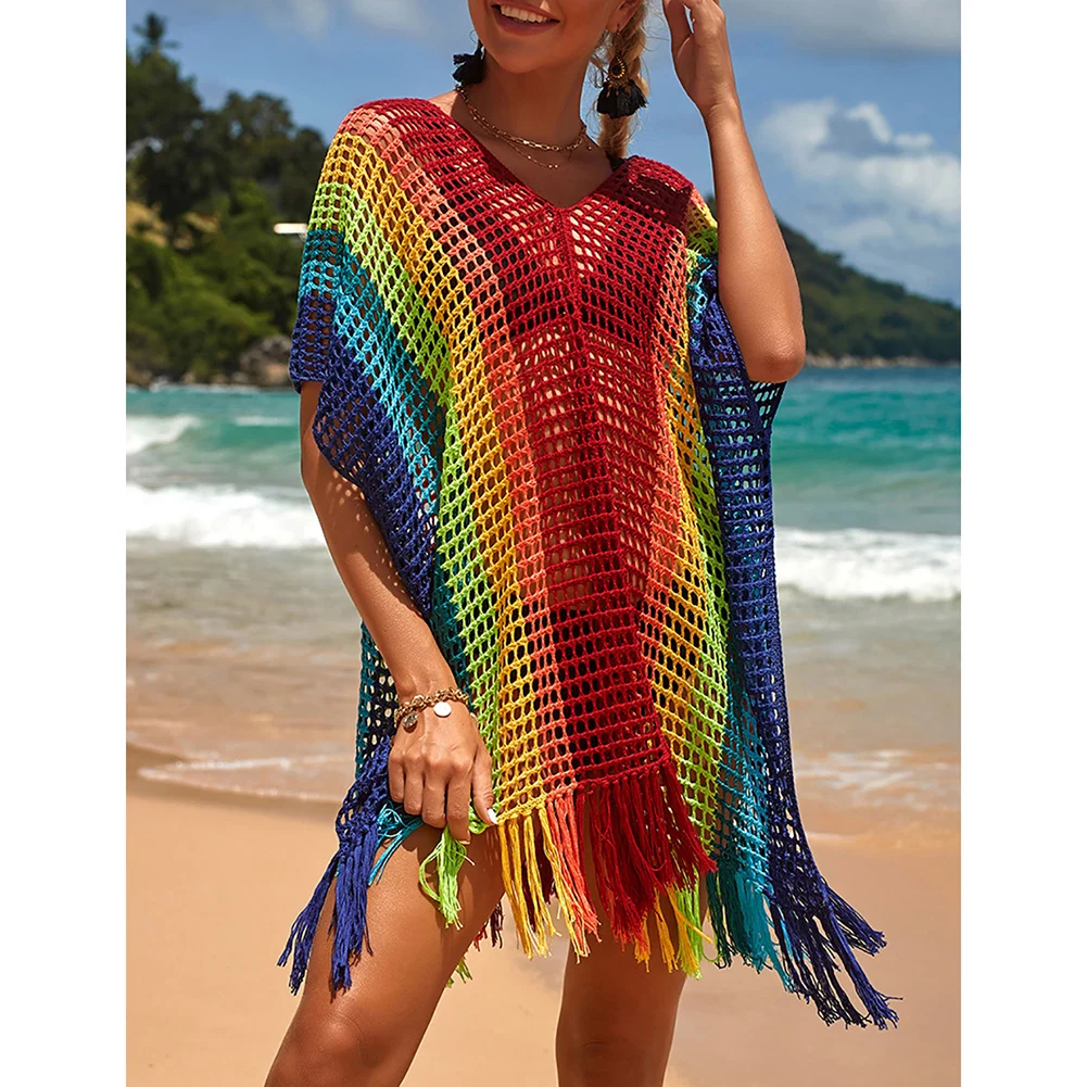 

Bsubseach Rainbow Tassel Crochet Cover Up Swimwear Beach Bikini Knitted Dresses Swimsuit Swim Coverup