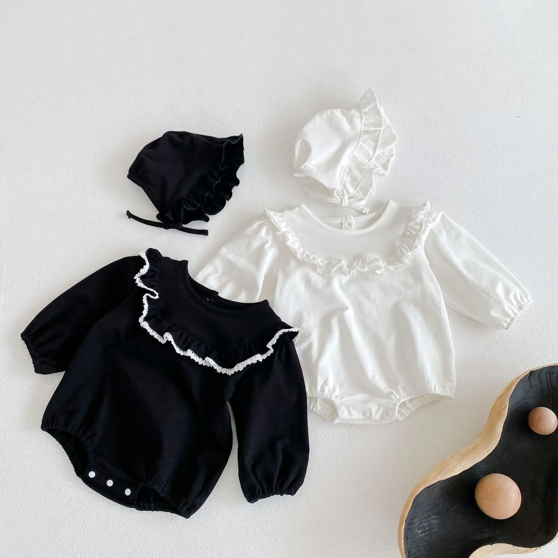 Hot selling baby girls 2021 babies' 100-day clothes ruffled collar lace pure color long-sleeved romper triangle jumpsuit