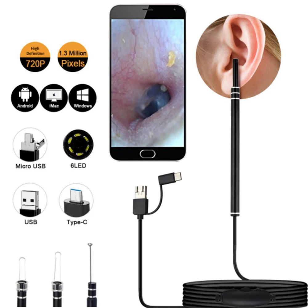 Ear Cleaning Endoscope Spoon Mini Camera Ear Picker Ear Wax Removal Visual Ear Mouth Nose Otoscope Support Android PC