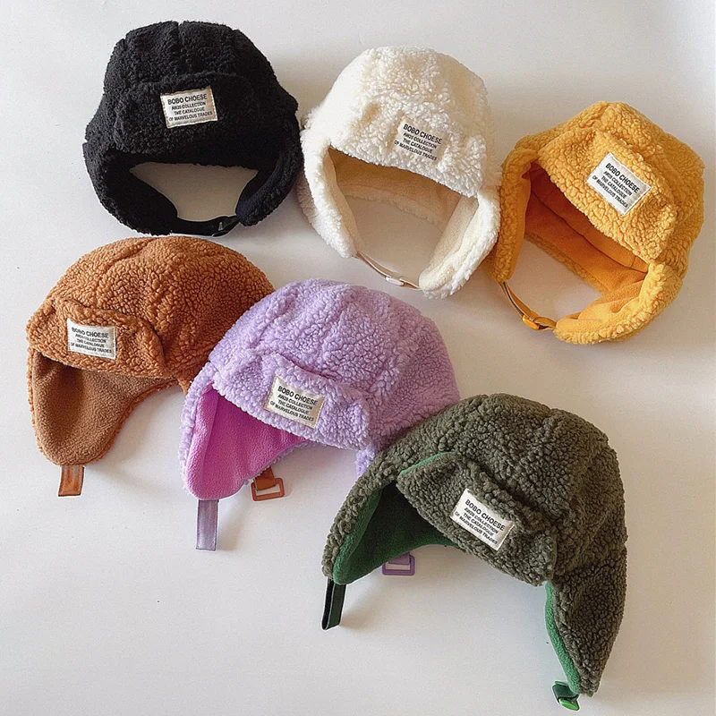 Gorros térmicos de lana de cordero para niño y niña, gorros con visera bonita, Protector de orejas de felpa para bebé, invierno y otoño