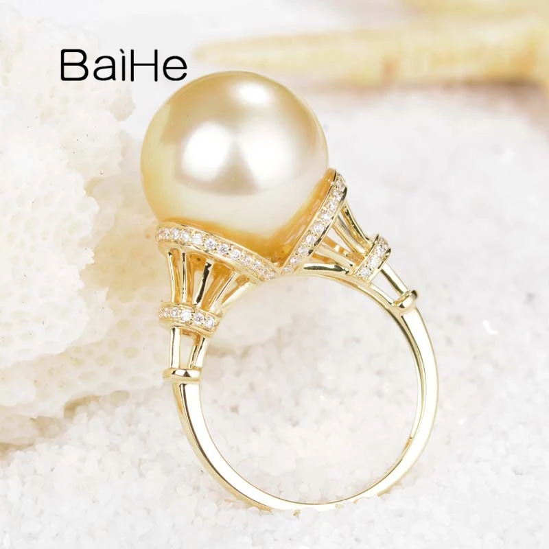 BAIHE Solid 14K Yellow Gold Golden Freshwater Pearl Diamond Ring Women Wedding Fine Jewelry Making Mowhiti Poara Wai Maori