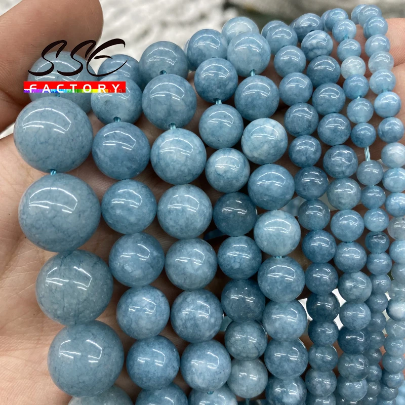 Naturalne kamienne koraliki Niebieski Aquamarin Angelite Okrągłe luźne koraliki 4 6 8 10 12 MM Wybierz rozmiar do tworzenia biżuterii Bransoletka DIY 15 "nitka