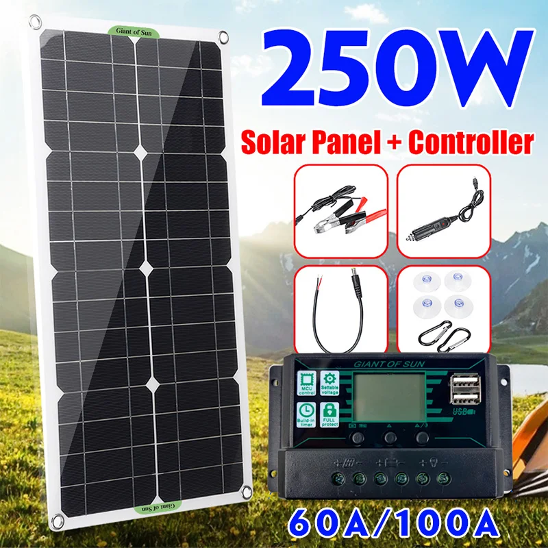 250W Solar Panel Kit Complete Dual 12/5V DC USB With 100A Controller Solar Cells for Car Yacht RV Battery Charger