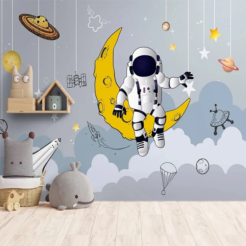 Custom Photo 3D Cartoon Space Moon Stars Astronaut Night Sky Mural for Kids Room Boys Girls Bedroom Background wall Decoration