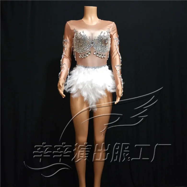 

Women New Sparkling Crystals Sexy Bodysuit Nightclub Party Sexy Skin Color Bodysuit Short White Feather Skirt Glass Costume