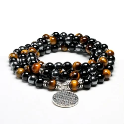 Natural Tiger Eye Spiritual 108 Mala Bracelets Women Men Revelation 8MM Hematite Beads Bracelet Yoga Meditation Charm Jewelry