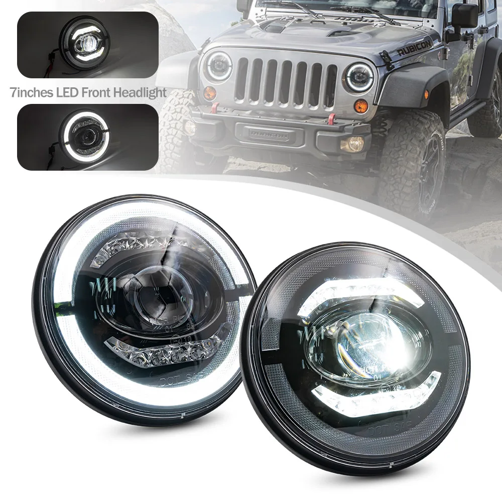 

2PCs 7Inch Round Sealed Beam Projector Halo Led Headlight Angel Eye Ring DRL Xenon White RHD For Jeep Land Rover Defender Mazda