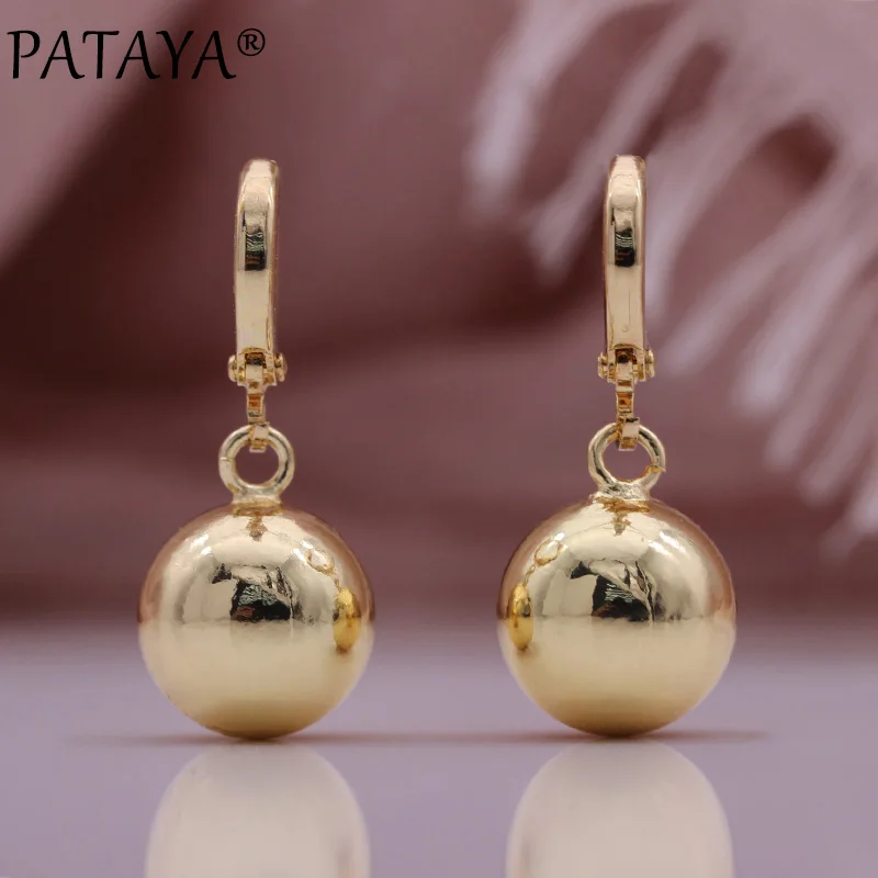 PATAYA New Round Ball Metal Earrings Necklace Set 585 Rose Gold Color Long Earrings Simple Pendant Women Fashion Jewelry Sets