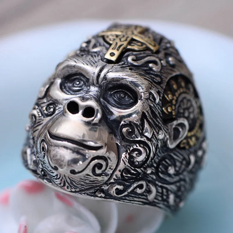 New S925 pure silver jewelry Thai silver  Men's ring King Kong gorilla fashion ring for Men