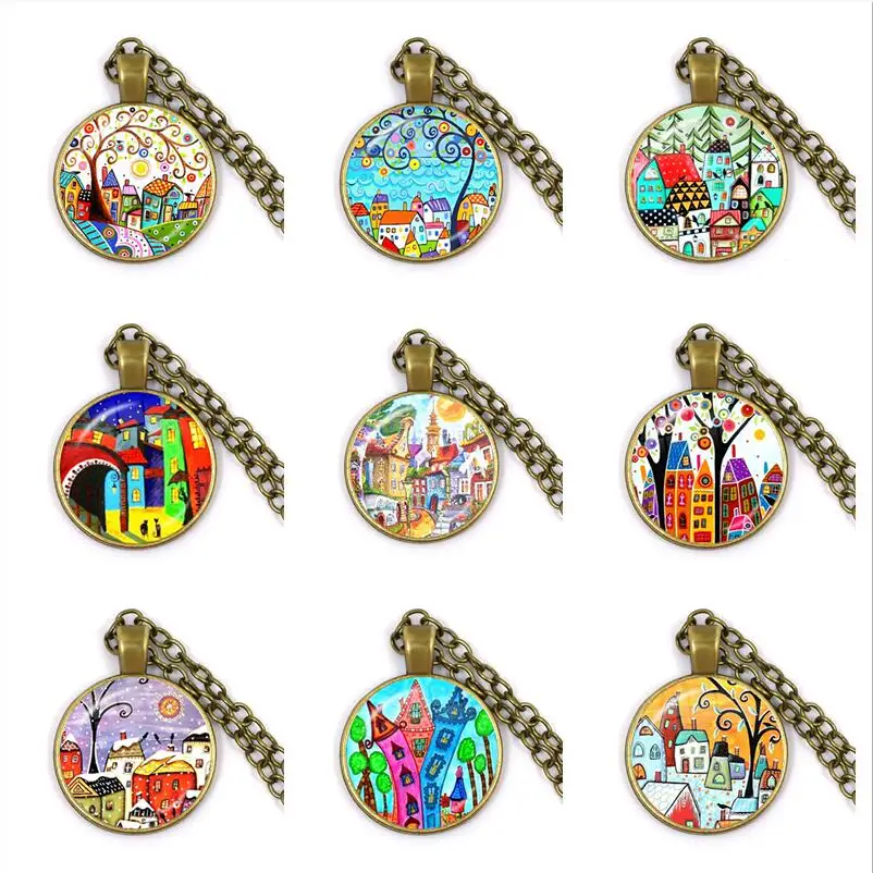 New Arrival Abstract Oil Painting House and Tree Women Chain Necklace Starry Night Glass Cabochon Pendant Necklace for Women