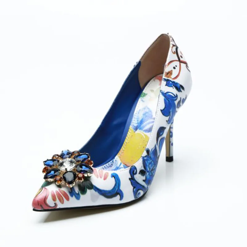 

Fashion Luxury Crystal Blue Pumps Flowers Decor Women Floral Print Shallow Slip On Heels Shoes Pointed Toe Stiletto Heeled Shoes