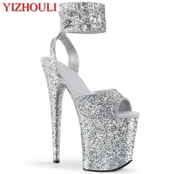 White sequins 20cm sexy high-heel glitter upper, 8in, ankle strap buckle, summer club pole dancing sandals