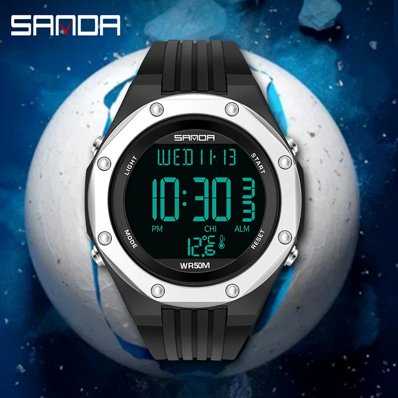 SANDA NEW Fashion Military Men\'s Watches Body Temperature Monitor 50M Waterproof Sports Watch LED Electronic Wristwatches 6028