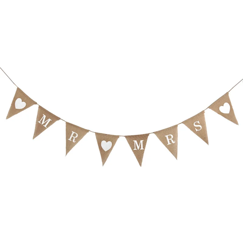 Pan pani Love heart Vintage transparent ślubny juta trznadel rekwizyty fotograficzne poślubić rustykalne Garland Flag dekoracja na przyjęcie ślubne 5BB5801