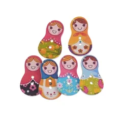 Free Shipping 15Pcs Random Mixed Lovely Russian Doll 2 Holes Wood Painting Sewing Buttons Scrapbooking 19x29mm F0008