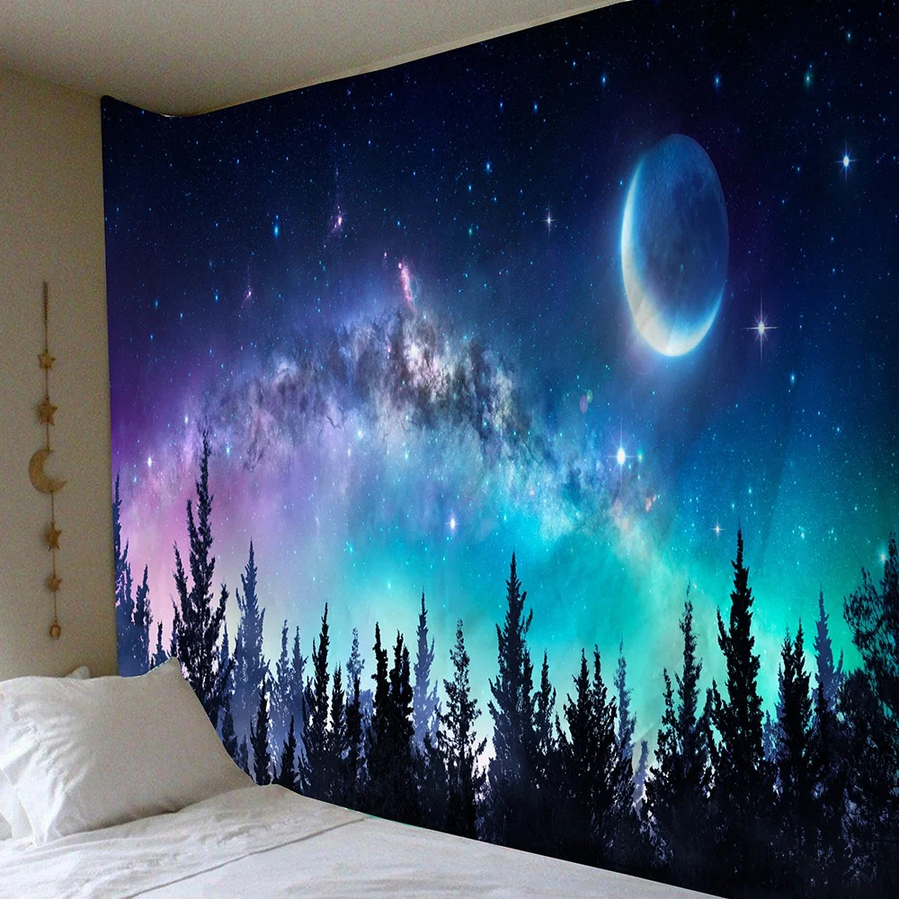 

Landscape Tapestry Moon Large Tapestry Forest Wall Tapestry Home Bedroom Starry Sky Curtain Tapestry Tree Scenery Dorm