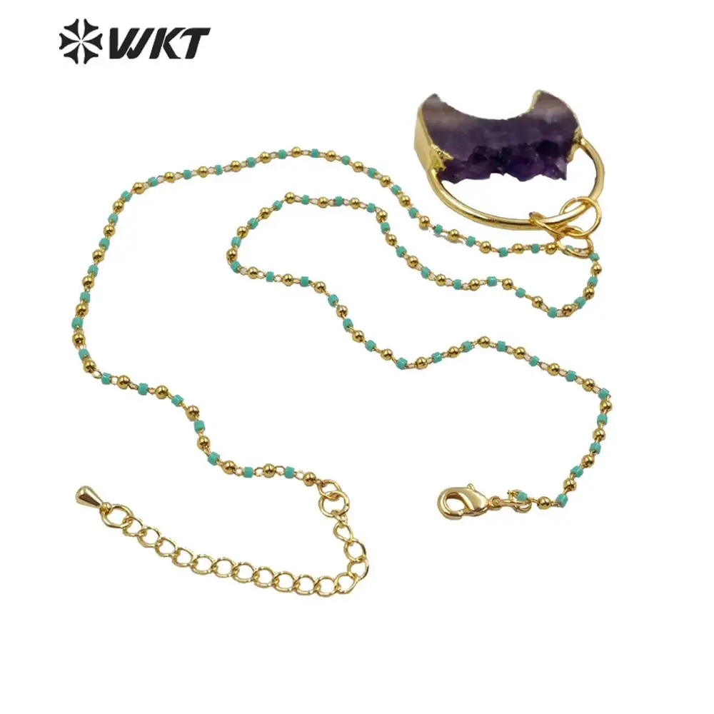 WT-N1219 Wholesale Fashion Gold Filled Crescent Horn Amethyst Necklace For Women Gift Jewelry Natural Stone Beads Chains