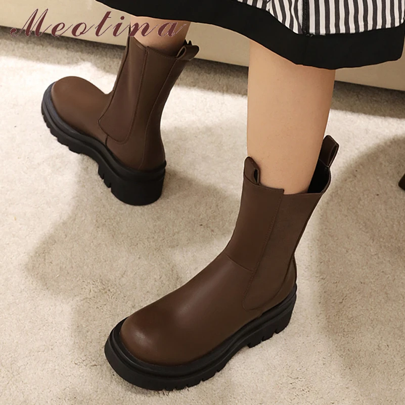 Meotina Women Fashion Med Calf Boots Platform Flat Shoes Slip On Round Toe Ladies Boots Flats Shoes 2021 Autumn Winter 43 Brown