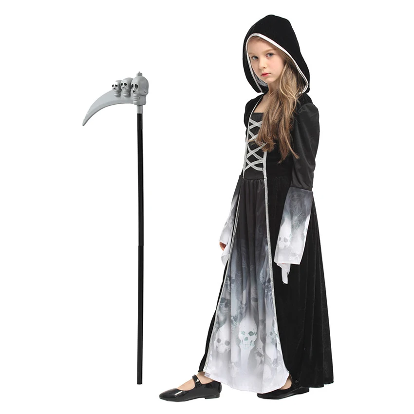 

Grim Reaper Witch Dress Girl Halloween Costume for Kid Ghost Terror Gothic Skull Scythe Cosplay Anime Carnival Masquerade