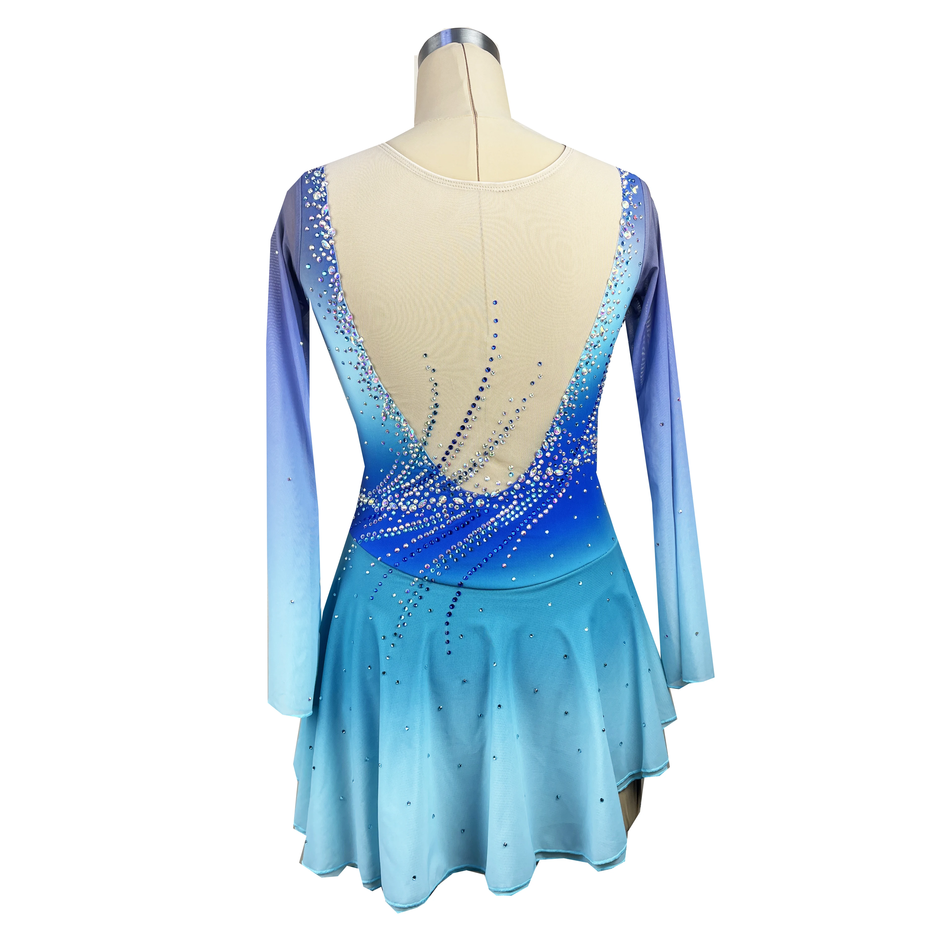 Blue Figure Skating Dress Long-Sleeved Ice Skating Skirt Spandex