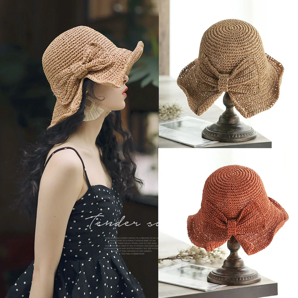 

2020 Parent-child 100%Raffia Bow Sun Hat Wide Brim Floppy Summer Hats For Women Beach Panama Straw Dome Bucket Hat Shade Hat