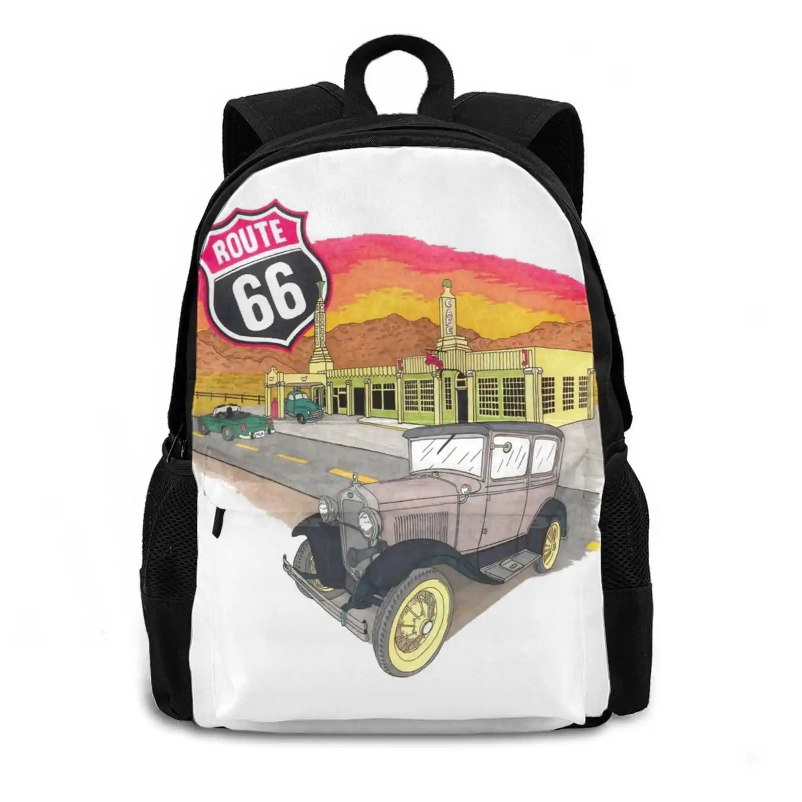 Route 66 Sunset Design School Bags Travel Laptop Backpack Route 66 Highway Truck Vehicle Artist Color Sunset Cars Freeway