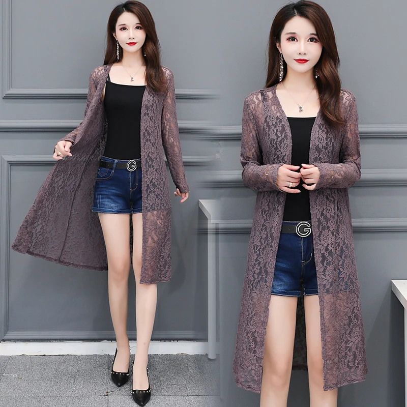 Lace Shawl Tops Women Coat Summer Thin Sun Protection Clothing Femme Loose Female Jacket Mid-Length Cardigan Ladies H1316