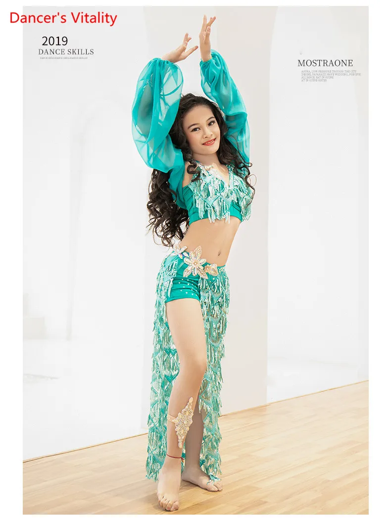 Girls Performance Stage Belly Dance Performance Suit Set vest+skirt(With Underpants )+jacket New High-Grade Sequins Party set