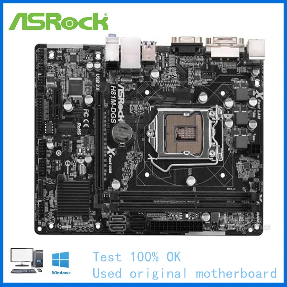 

For ASRock H81M-DGS R2.0 Computer USB3.0 SATAIII Motherboard LGA 1150 DDR3 H81 Desktop Mainboard Used