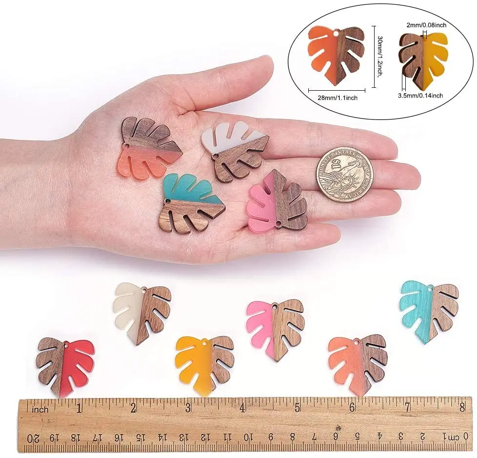 50Pcs Monstera Leaf Shape Charms Handcrafted Vintage Natural Wood with Resin Pendant Design for Bracelet Earrings Jewelry Making