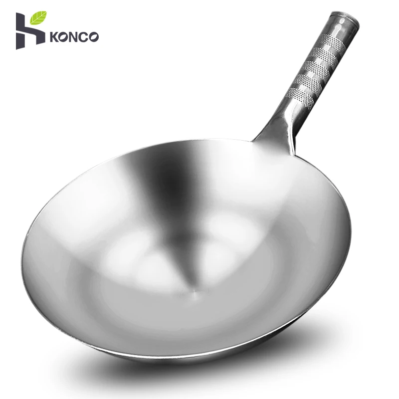 Konco High Quality Stir-Fry Pan Stainless Steel Saute Pan Gas Stoves Frying Pan Chinese Handmade Wok Cooking Pot