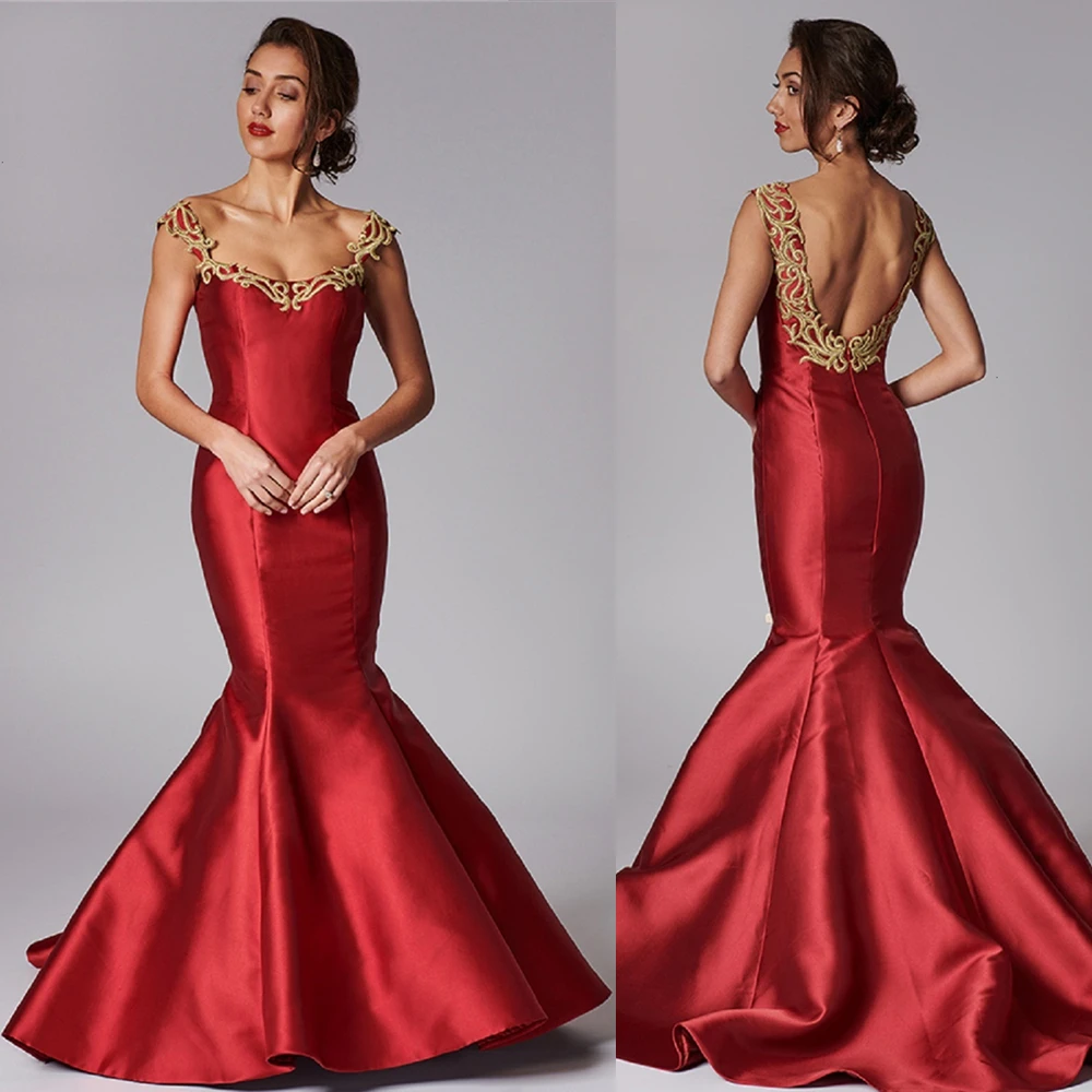 Backless Mermaid abiti da sera Scoop senza maniche Appliques raso guaina Prom Dress Sweep treno abiti da sera