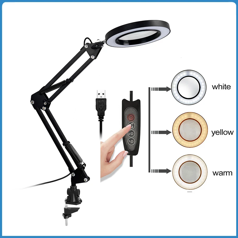 

Foldable USB LED Magnifying Glass 3 Colors Illuminated Magnifier Reading Clip-on Lamp Loupe Rework/Soldering/Beauty Tool 5X