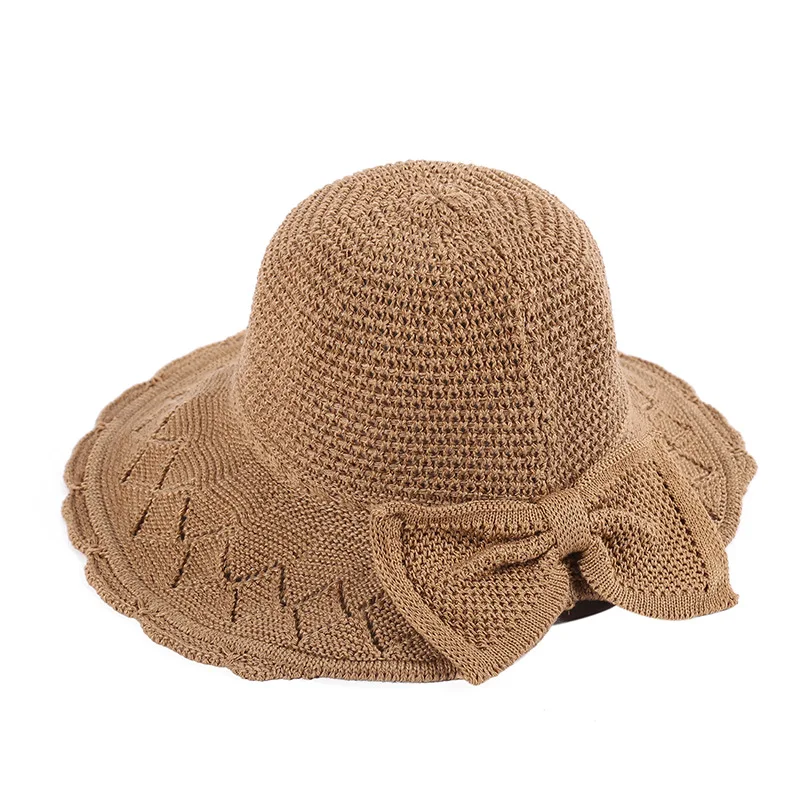 Foldable knitted straw hat new bow hat female sun hat dome opening basin hat sun visor