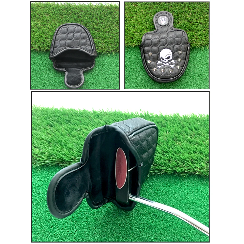 1Pcs Golf Pusher Sleeve PU Leather Golf Putter Cover Universal Magnetic Closure, Rivet, Skull Embroidery